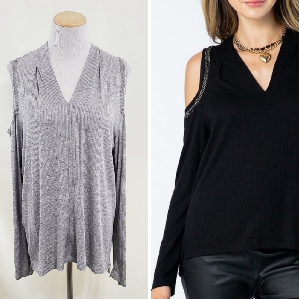 Vocal rhinestone cold shoulder ribbed knit top gray Women's Size XL New NWT